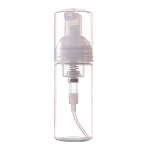 A clear, empty foam bottle designed for eyelash shampoo with a pump dispenser. Empty 60 ml foam bottle for eyelash extension shampoo, foaming dispenser, professional reusable bottle for lash cleansing.