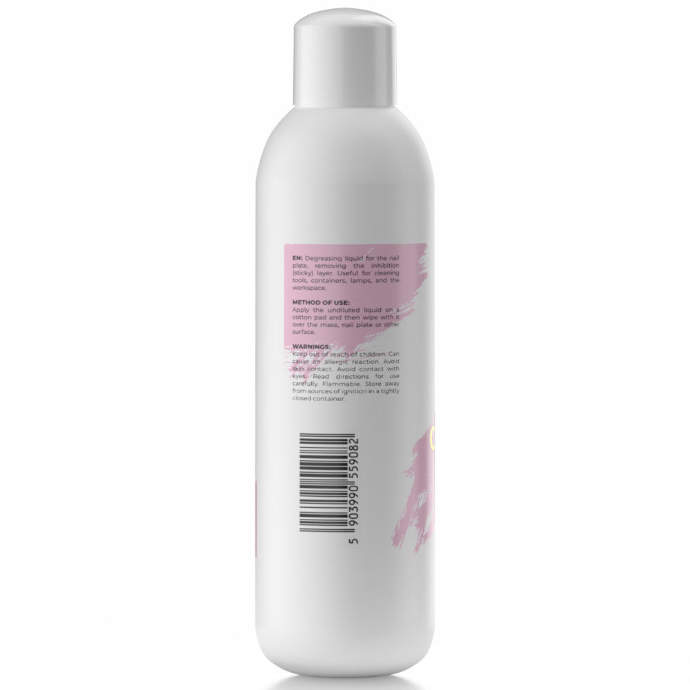 Nail sticky layer remover cleaner white bottle with a label on a white background
