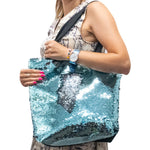 Shiny bag with zipper 38 x 33 x 15 cm, BLUE-SILVER