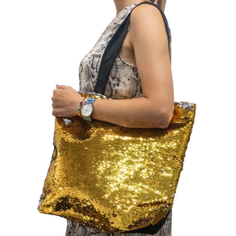 Shiny bag with zipper 38 x 33 x 15 cm, GOLD-SILVER