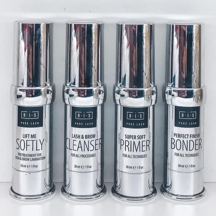 BIS Pure Lash professional eyelash extension liquids, ISO-certified, EU-made, safe and gentle for lashes and brows